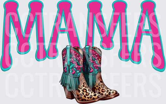 Mama Bold Pink Teal Leopard Fringe Cowboy Boots (DTF)
