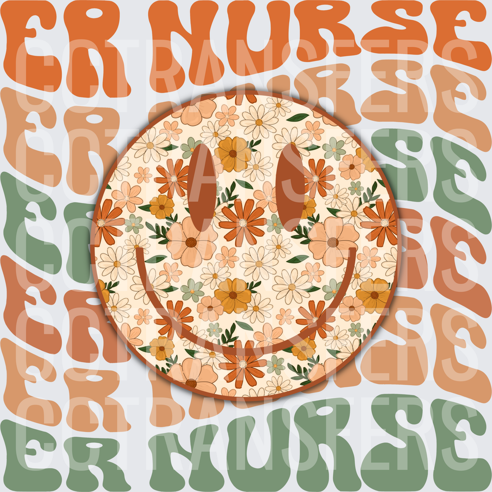 ER Nurse Retro Groovy Floral Smiley Face (DTF)