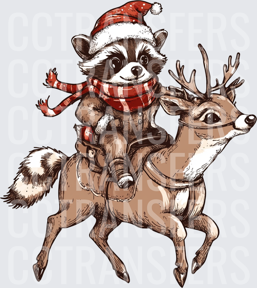 Raccoon Riding Reindeer Christmas Santa Hat Scarf (DTF)