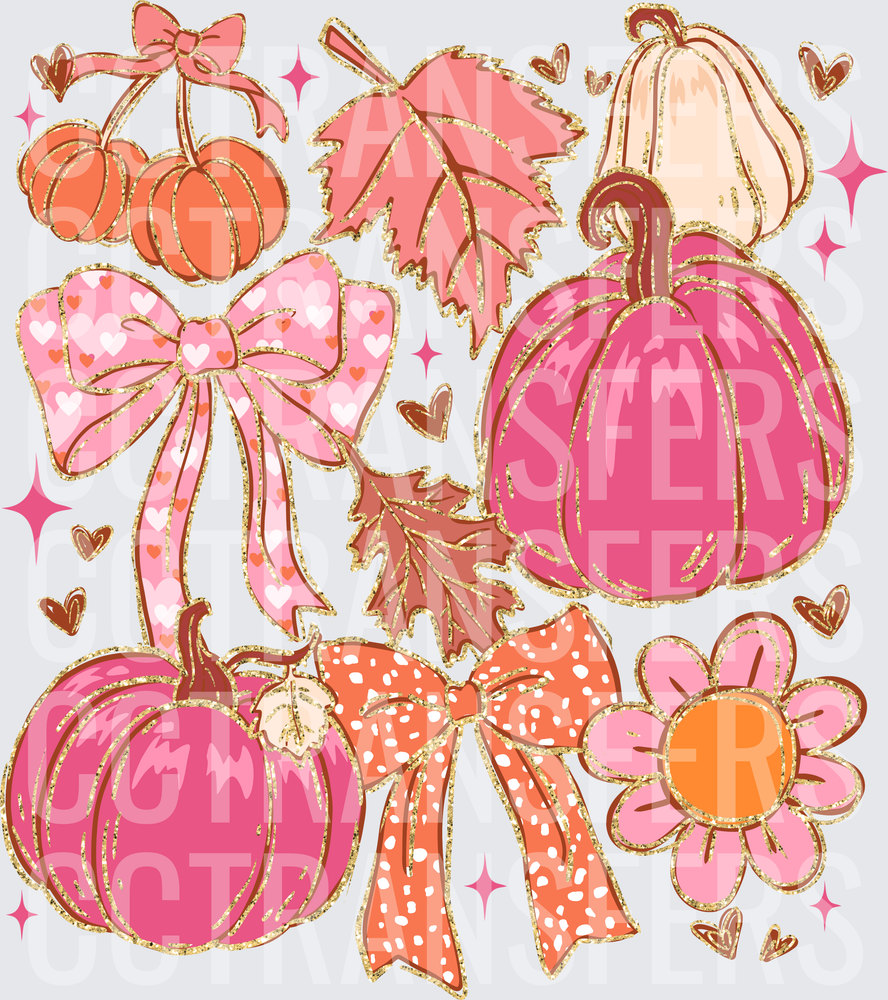 Glitter Pink Pumpkin Collage Bows Fall Leaves (DTF)