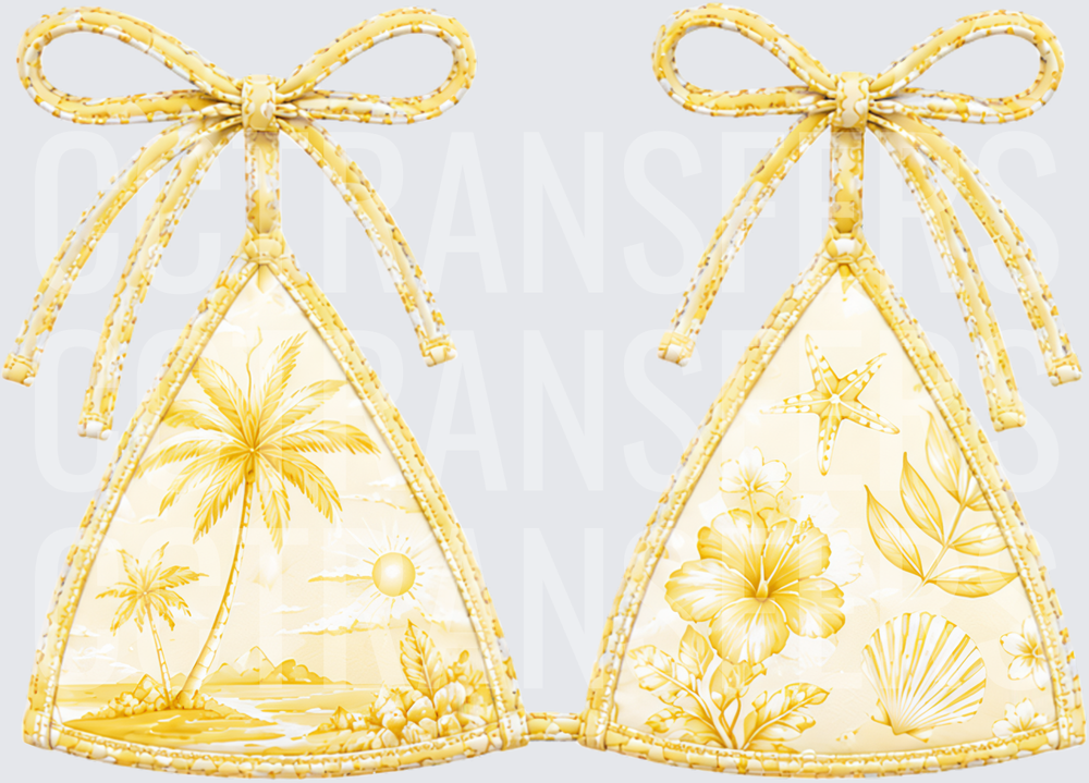 Golden Tropical Bikini Top Palm Tree Floral Beach Scene (DTF)
