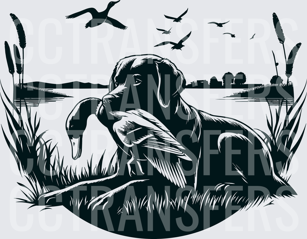 Black Lab Retriever Holding Duck Marsh Scene (DTF)