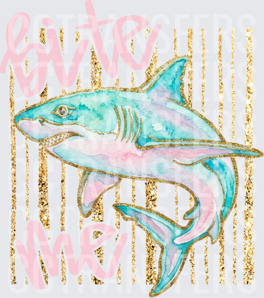 Bite Me Watercolor Shark Gold Glitter Stripes (DTF)