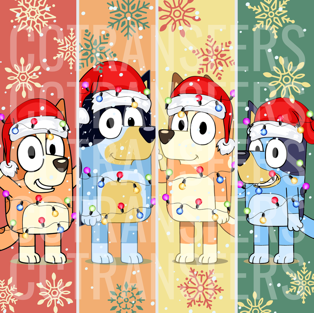Four Cartoon Dogs Santa Hats Christmas Lights Snowflakes (DTF)