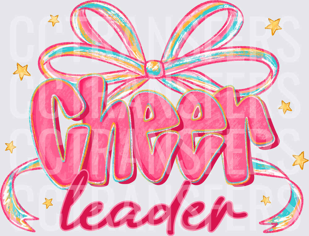 Cheerleader Pink Bow Gold Stars Ribbon Lettering (DTF)