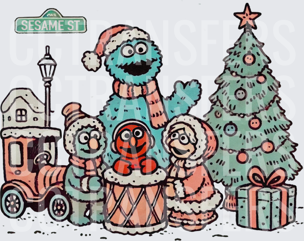 Sesame St Muppet Characters Christmas Holiday Scene (DTF)