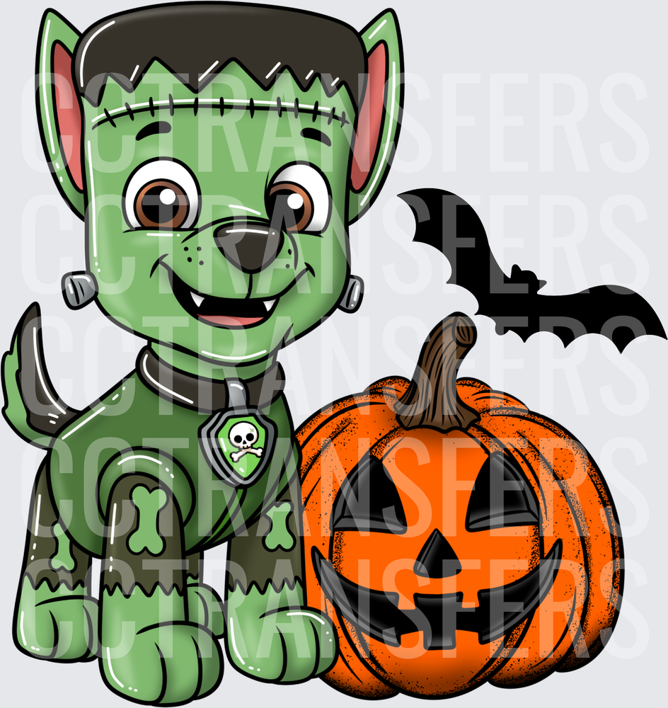 Halloween Frankenstein Puppy with Jack-O-Lantern and Bat (DTF)
