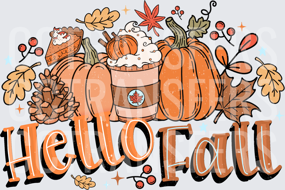 Hello Fall Pumpkins Latte Autumn Leaves (DTF)