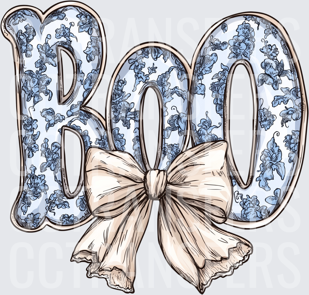Boo Blue Floral Letters with Cream Bow (DTF)