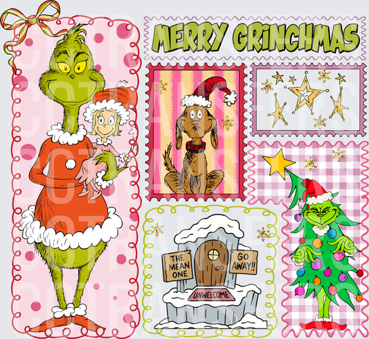 Merry Grinchmas G-Man Holiday Stamp Collage Pink Plaid (DTF)