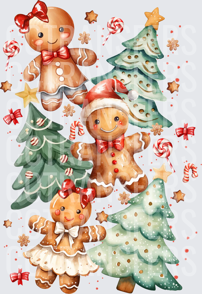 Watercolor Gingerbread Family Christmas Trees Candy Canes (DTF)