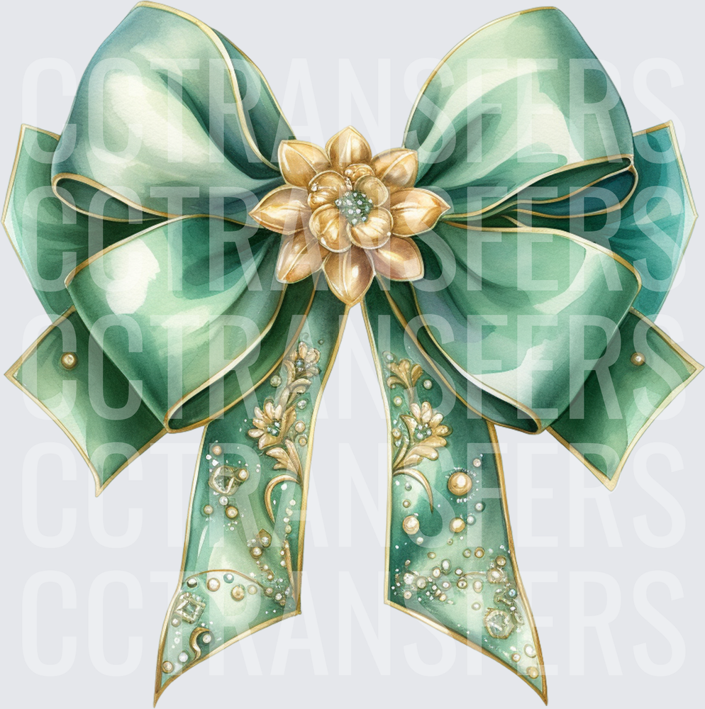 Elegant Teal Satin Bow Gold Floral Jewel Accents (DTF)