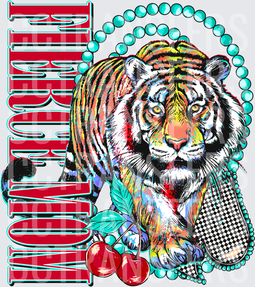 Fierce Mom Colorful Tiger Turquoise Beads Cherries (DTF)