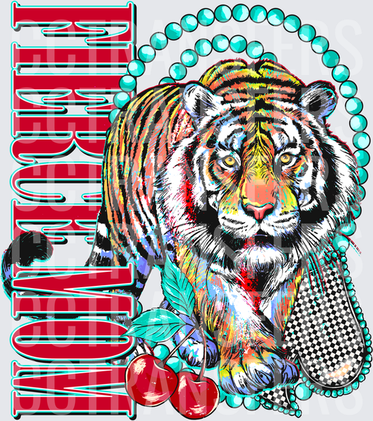 Fierce Mom Colorful Tiger Turquoise Beads Cherries (DTF)