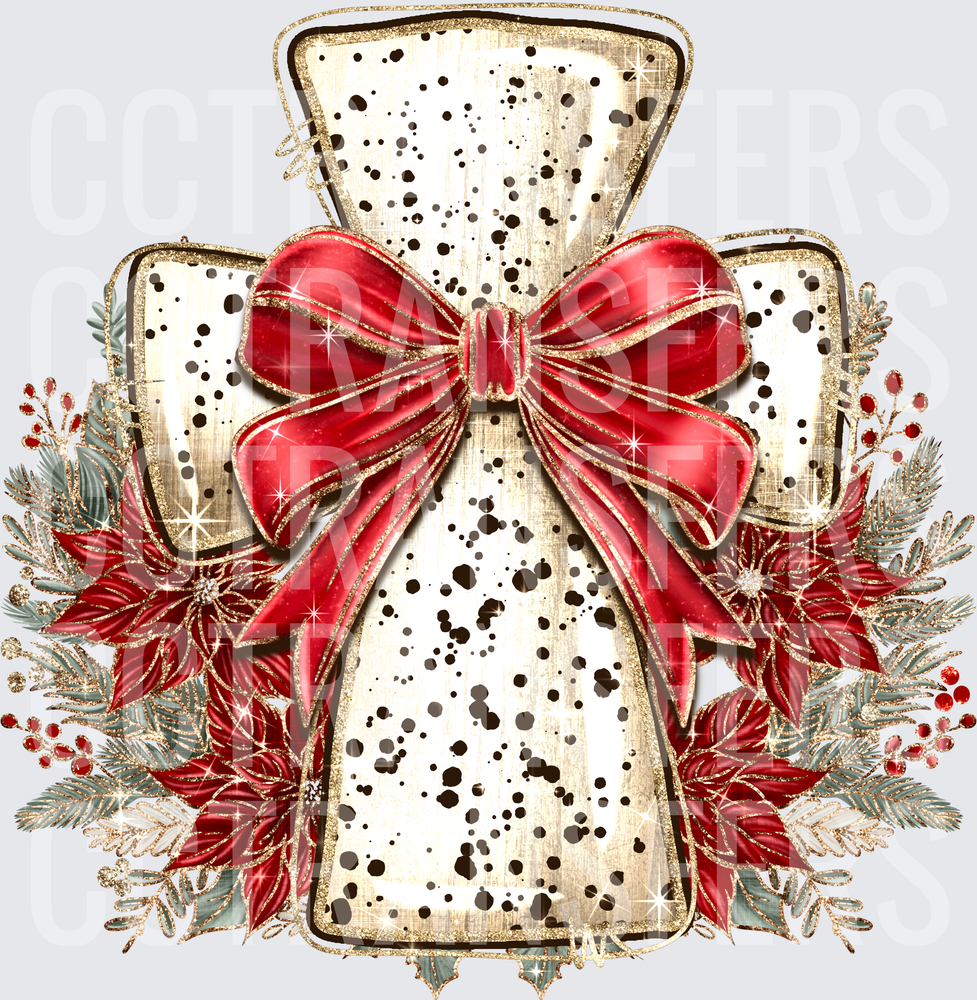 Christmas Cross Red Bow Poinsettia Cowhide Glitter (DTF)