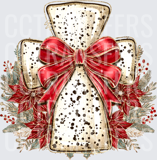 Christmas Cross Red Bow Poinsettia Cowhide Glitter (DTF)