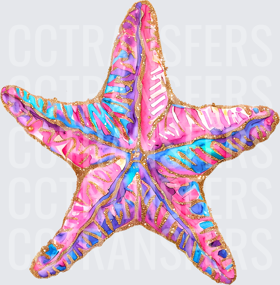 Vibrant Watercolor Starfish with Gold Glitter Detail (DTF)
