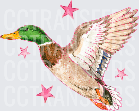 Flying Mallard Duck with Pink Stars Illustrated (DTF)