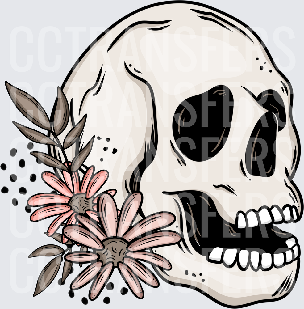 Floral Skull with Pink Daisy Blooms and Leaves (DTF)