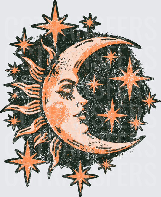 Vintage Celestial Crescent Moon Face Stars Distressed (DTF)