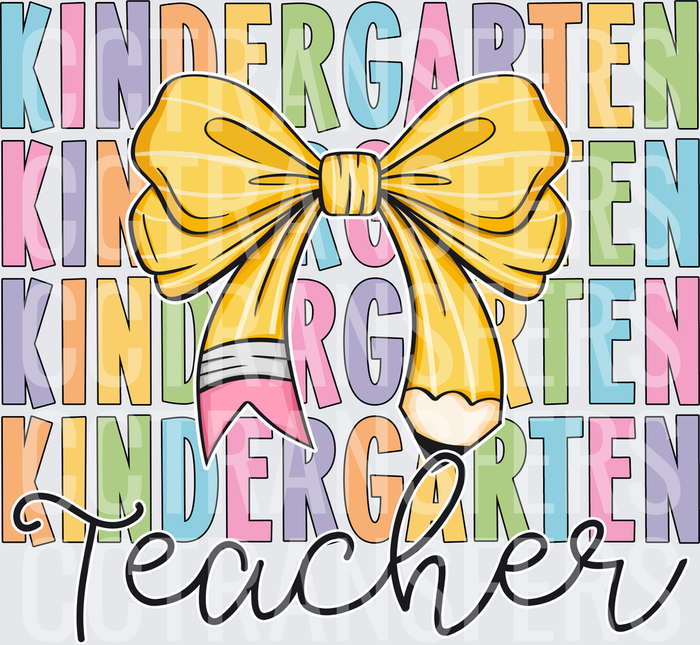 Kindergarten Teacher Pencil Bow Pastel Stacked Text (DTF)