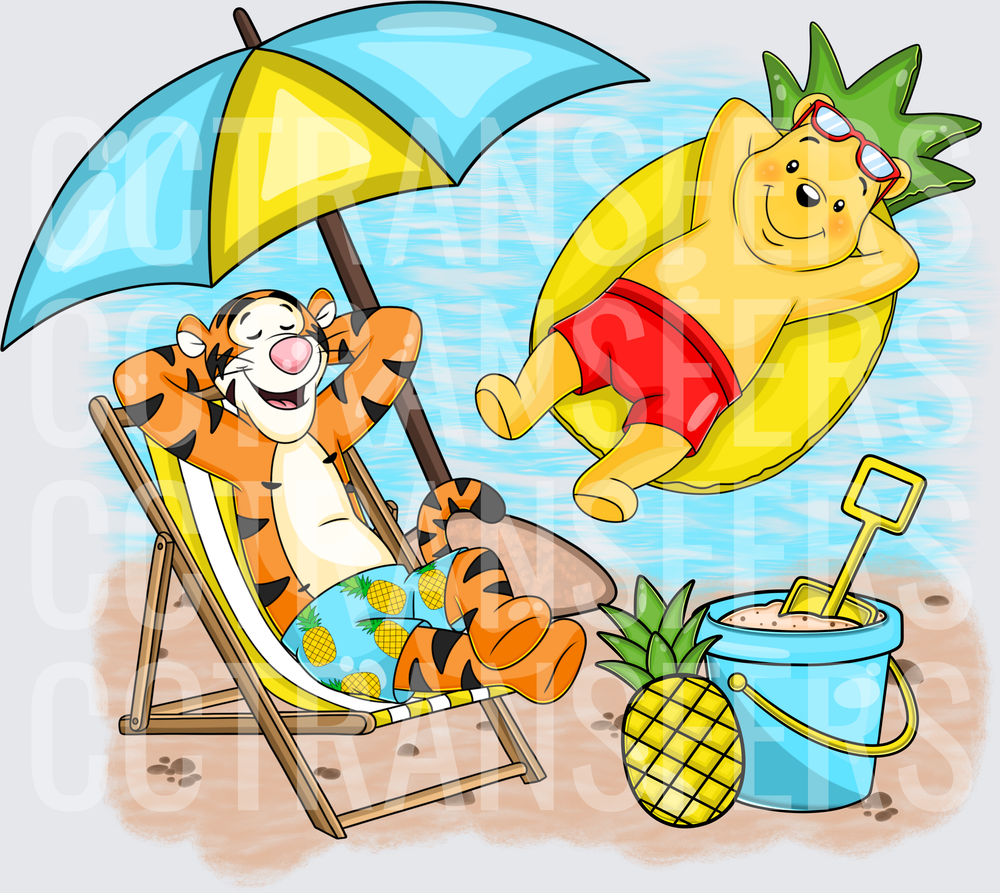 Cartoon Bear & Tiger Tropical Beach Summer Vacation (DTF)
