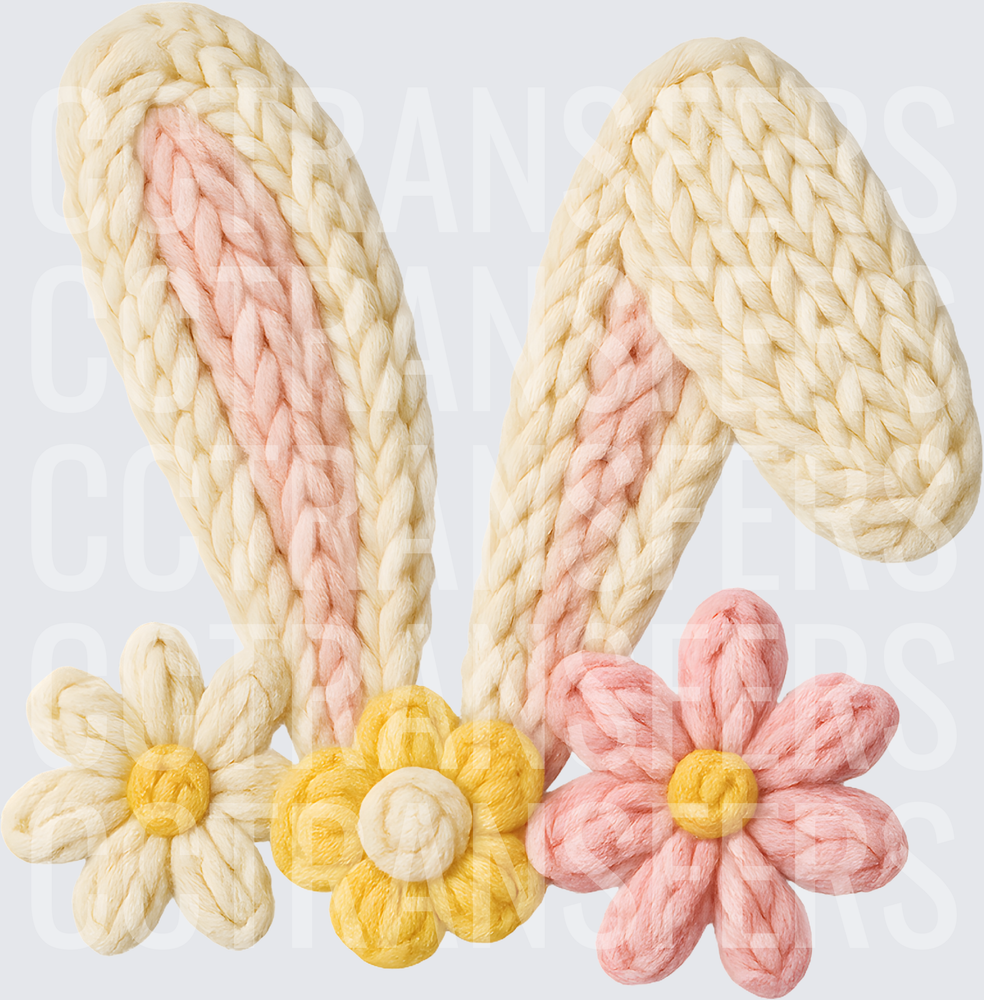Chunky Knit Crochet Bunny Ears Spring Flowers (DTF)