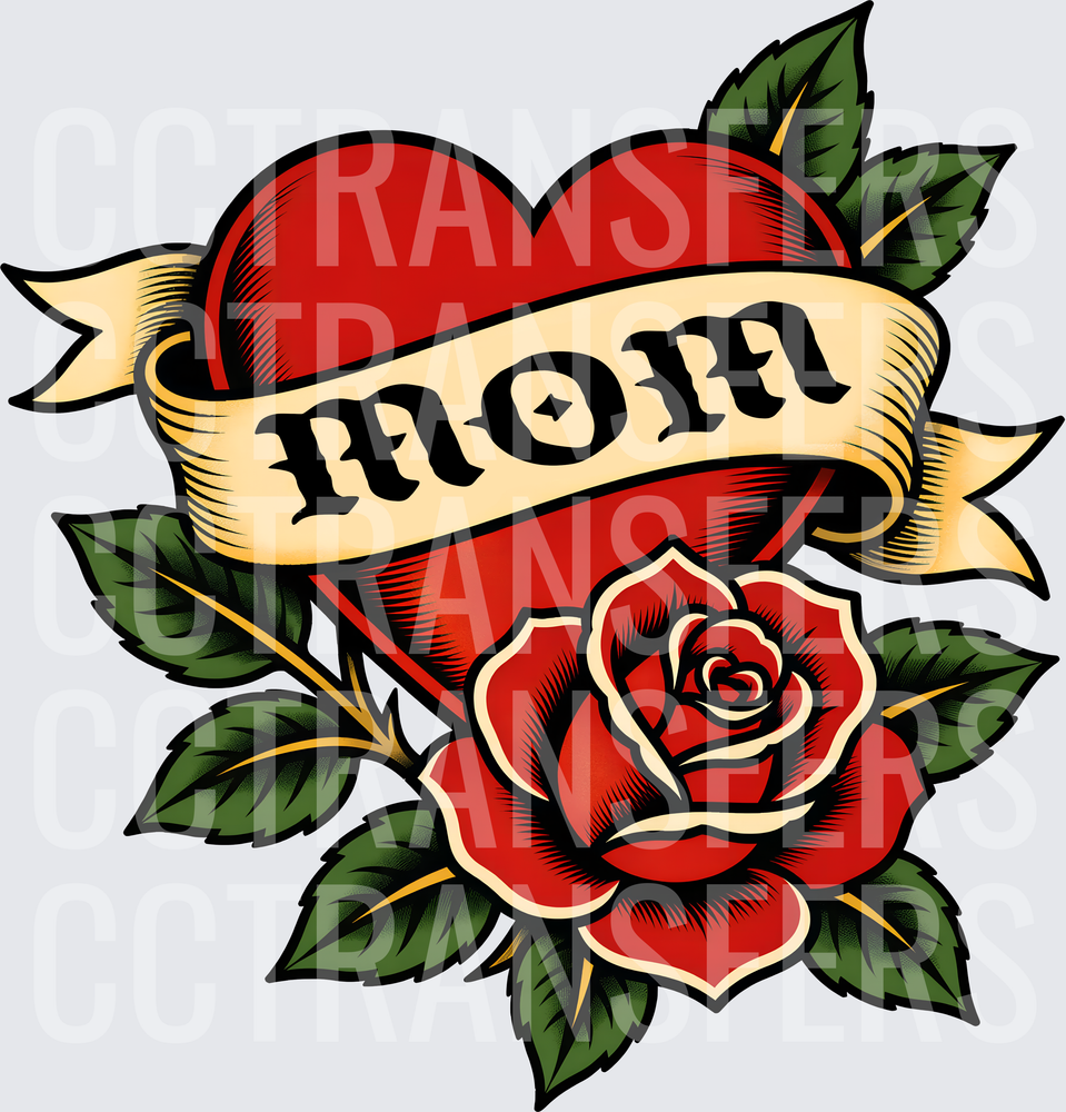 Old School Mom Heart Rose Tattoo Banner (DTF)