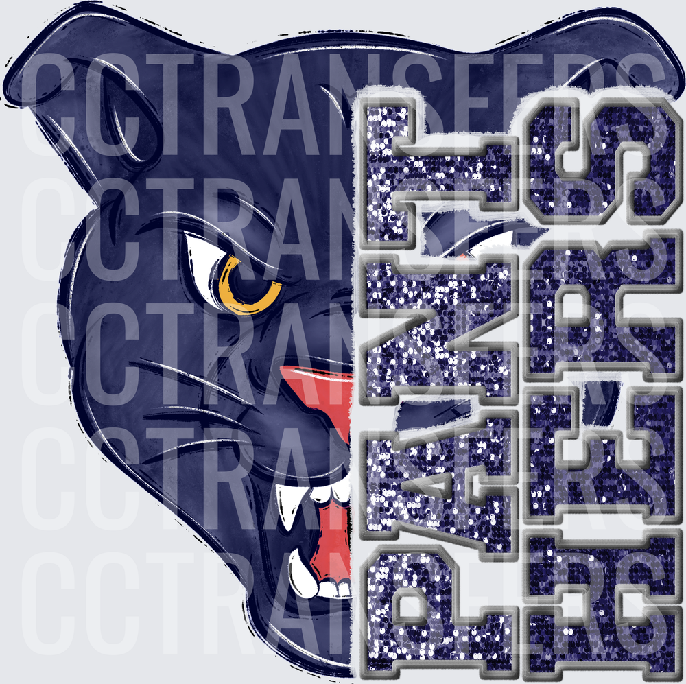Navy Panther Mascot Glitter PANTHERS Sequin Letters (DTF)