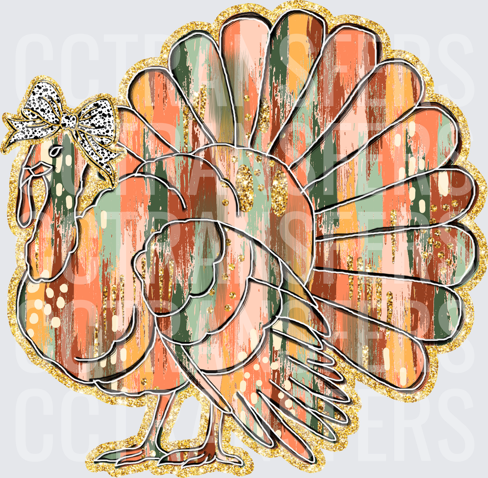 Boho Thanksgiving Turkey with Leopard Bow Gold Glitter (DTF)