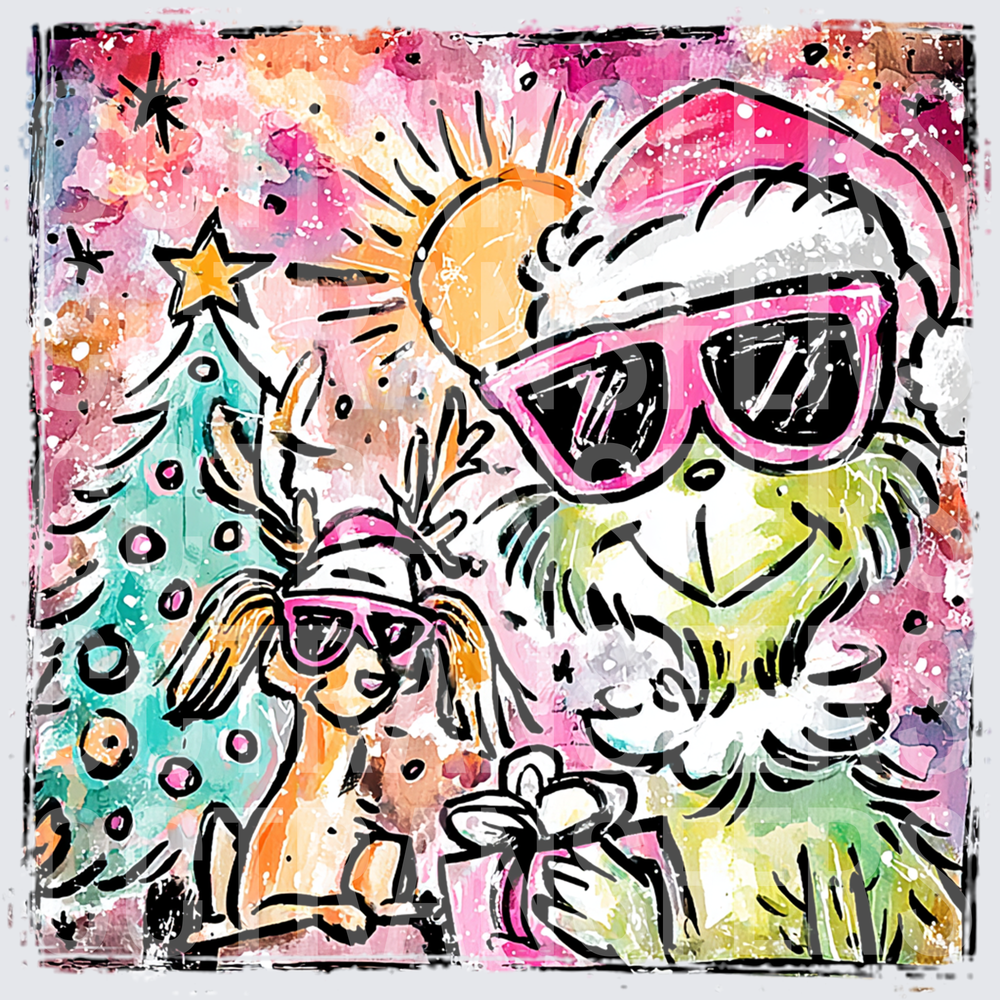 Watercolor G-Man Santa Pink Sunglasses Christmas Dog (DTF)