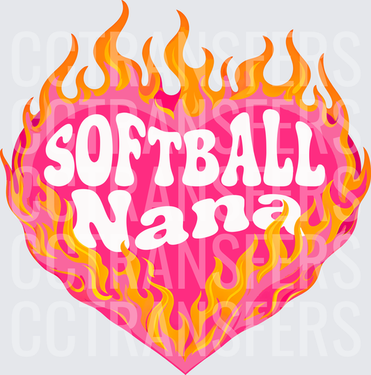 Softball Nana Flaming Pink Heart Retro Bold (DTF)