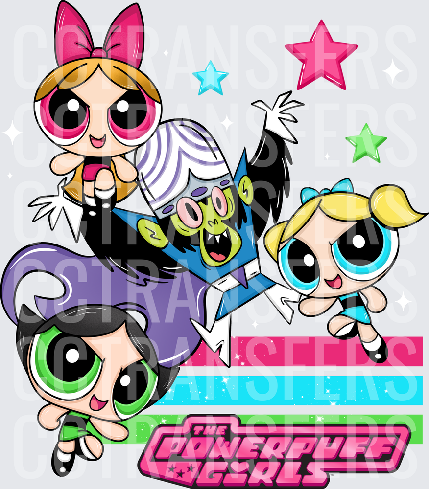 Cartoon Superhero Girls & Green Villain with Colorful Stars (DTF)