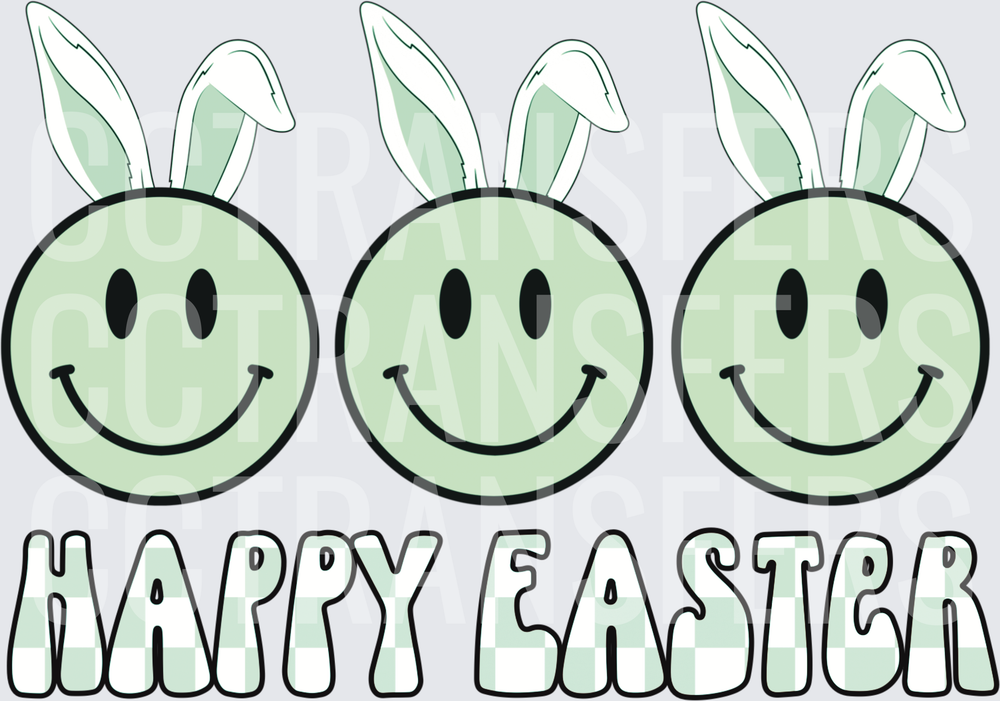 Happy Easter Sage Green Smiley Bunny Ears Trio (DTF)