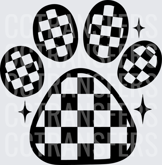 Black White Checkered Paw Print with Sparkles (DTF)