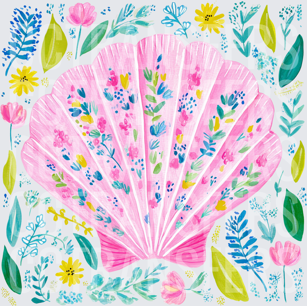 Pink Floral Scallop Seashell Botanical Watercolor (DTF)