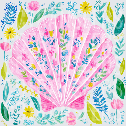 Pink Floral Scallop Seashell Botanical Watercolor (DTF)
