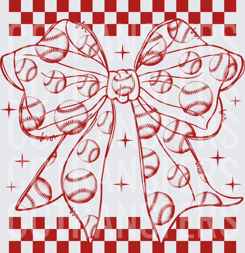 Red Baseball Pattern Bow Checkered Sparkle (DTF)