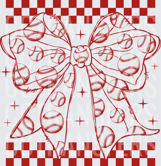 Red Baseball Pattern Bow Checkered Sparkle (DTF)