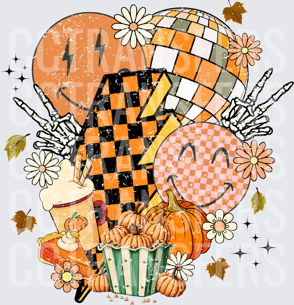 Retro Fall Checkered Lightning Bolt Smiley Pumpkin Collage (DTF)