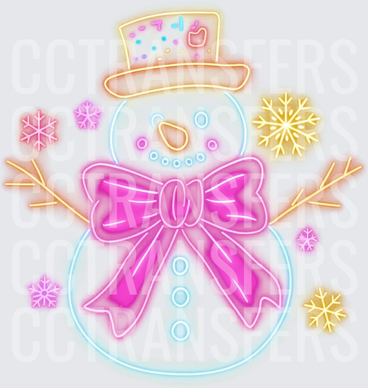 Neon Glow Snowman Pink Bow Top Hat Snowflakes (DTF)