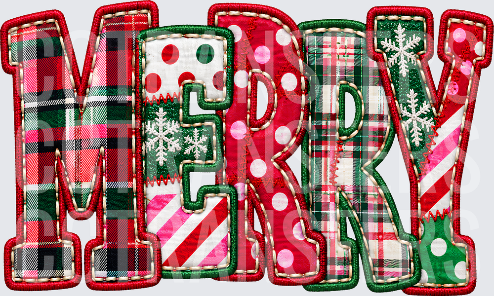 Merry Patchwork Plaid Polka Dot Applique Christmas (DTF)