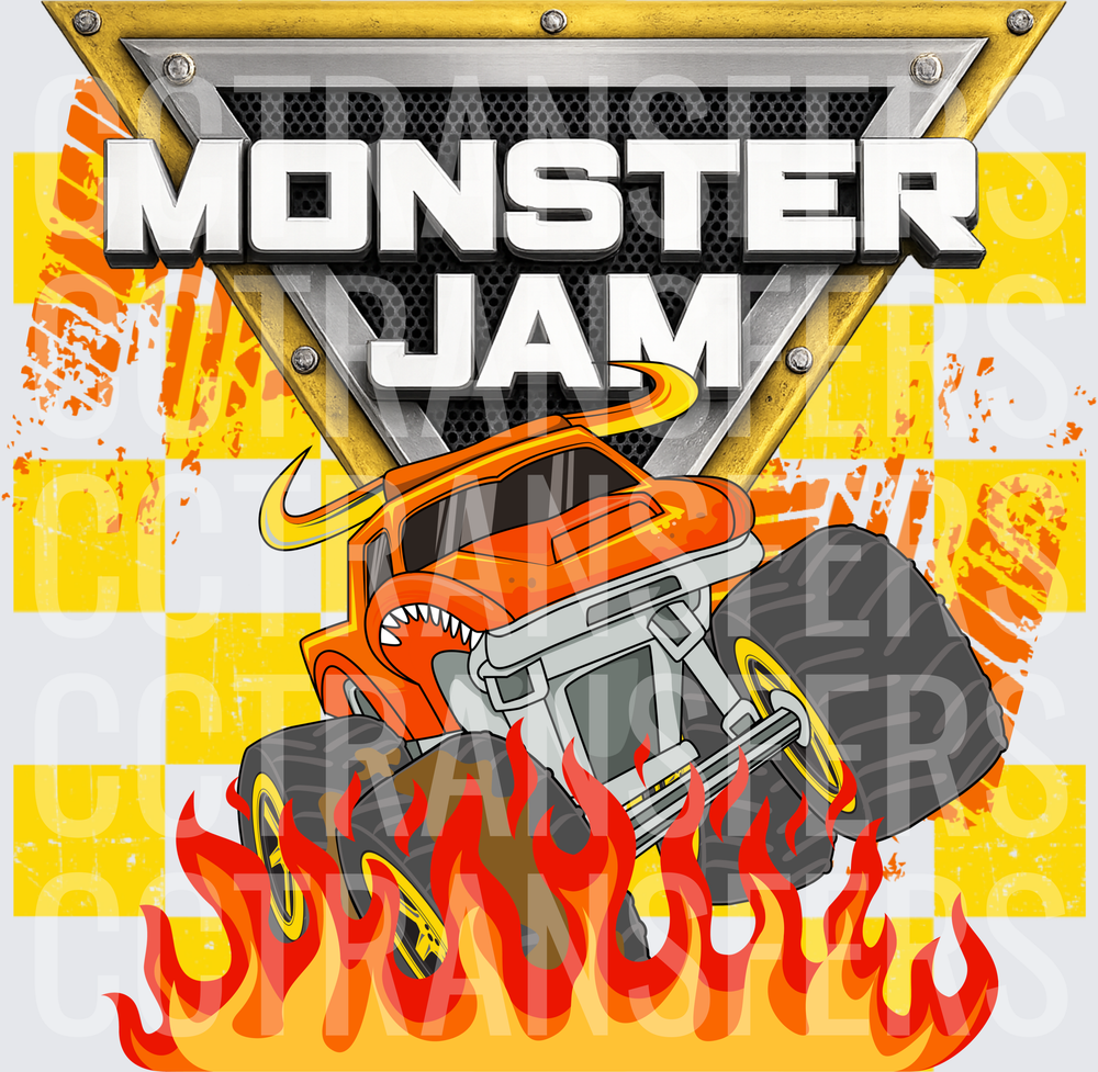Monster Jam Orange Monster Truck Flames Checkered (DTF)