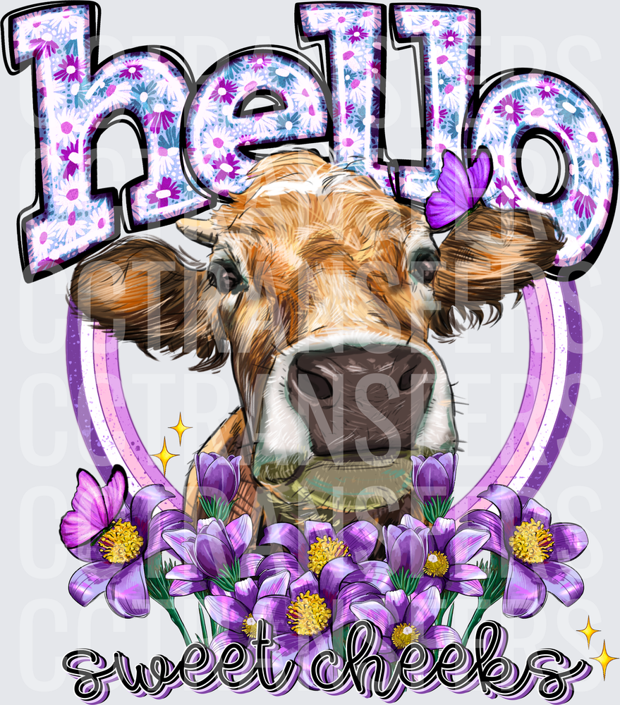 Hello Sweet Cheeks Floral Cow Purple Butterfly (DTF)