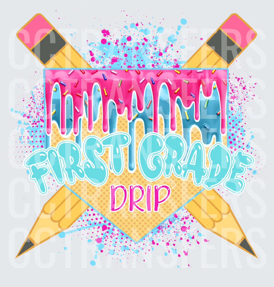 First Grade Drip Crossed Pencils Ice Cream Waffle (DTF)