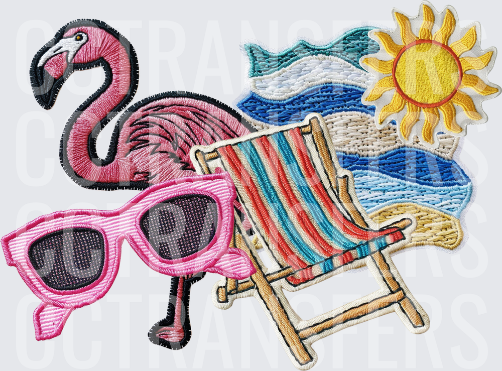 Embroidered Summer Beach Patch Set Flamingo Sun Chair (DTF)