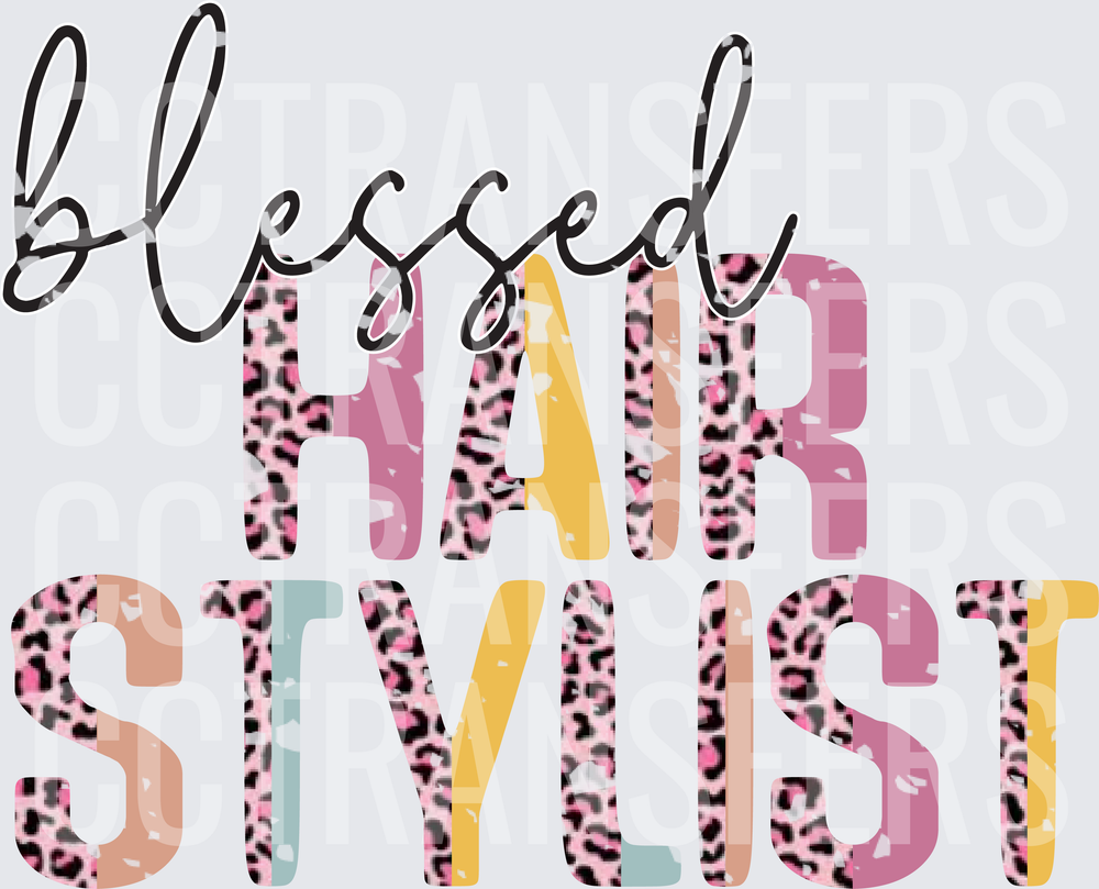 Blessed Hair Stylist Leopard Print Bold Letter (DTF)