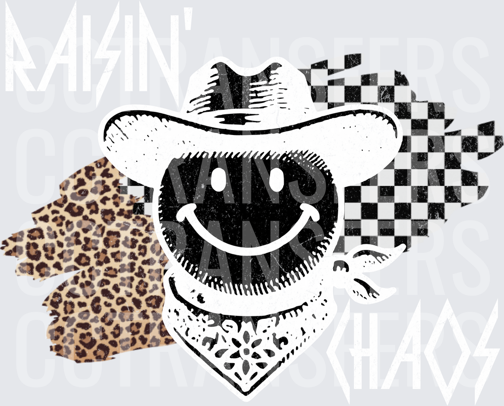 Cowboy Smiley Face Leopard Checkered Bandana (DTF)