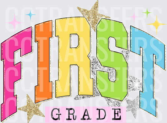 Colorful Arched First Grade Varsity Letters with Stars (DTF)