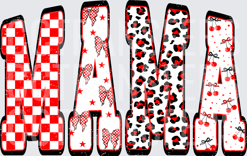 Mama Red Checkered Leopard Bow Cherry Patterned Letters (DTF)